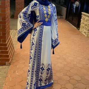 White & Royal Blue Embroidered thoube